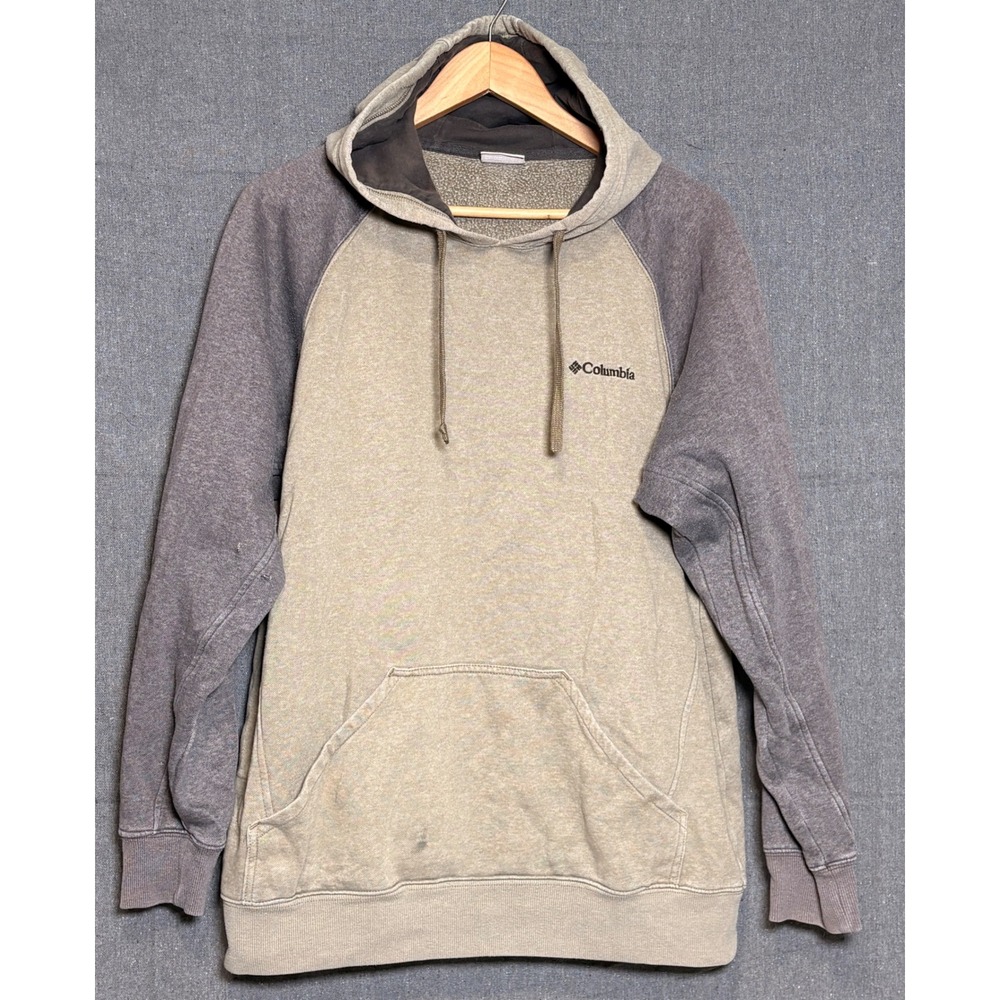 Columbia Mens Raglan Hoodie Tan Grey Fleece Pullover Sweatshirt Sz‎ Large